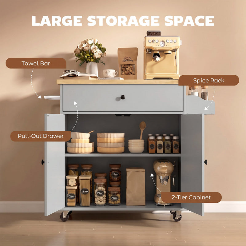 Labelled diagram of the towel bar, spice rack, pull-out drawer and 2-tier cabinet