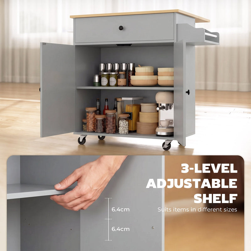 Open cabinet with adjustable shelf and close-up of the 3-level shelf spacing