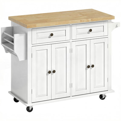 HOMCOM cream white rolling kitchen island with rubberwood top