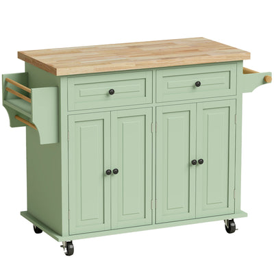 HOMCOM light green rolling kitchen island trolley with rubberwood top, studio shot