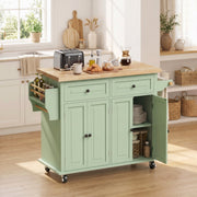 Kitchen island in a bright kitchen with an open cabinet showing crockery storage