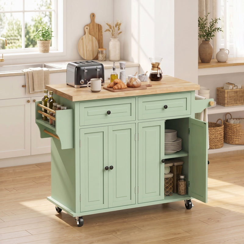 Kitchen island in a bright kitchen with an open cabinet showing crockery storage