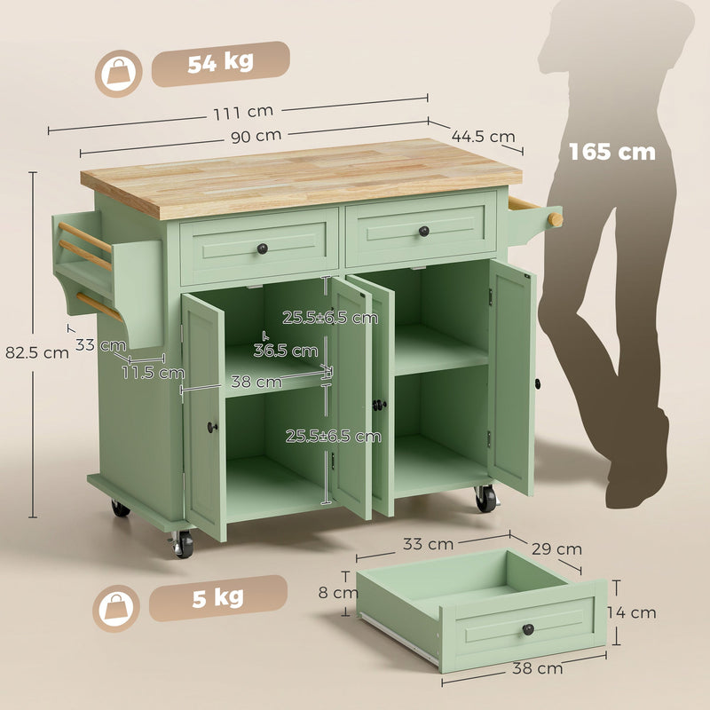 Dimension diagram showing 111cm width, 44.5cm depth, 82.5cm height and drawer and cabinet interior sizes