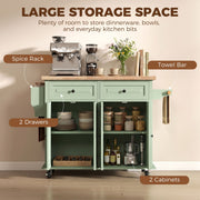 Labelled diagram pointing out the spice rack, towel bar, 2 drawers and 2 cabinets