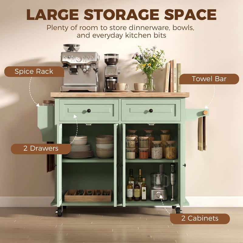 Labelled diagram pointing out the spice rack, towel bar, 2 drawers and 2 cabinets