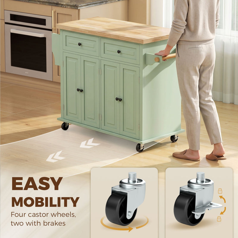 Woman rolling the kitchen island across the floor showing the locking castor wheels