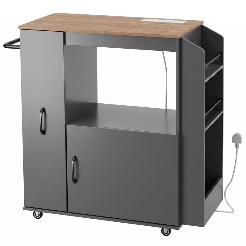 Grey Homcom kitchen trolley with closed cabinet doors and power socket, studio shot