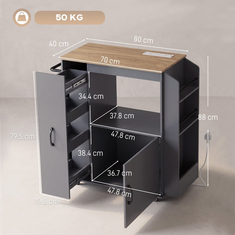Dimensions diagram of the grey kitchen trolley showing an 80 x 40 x 88 cm frame