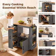 Feature panel showing the pull-out organiser, spice rack and towel bar on the grey trolley