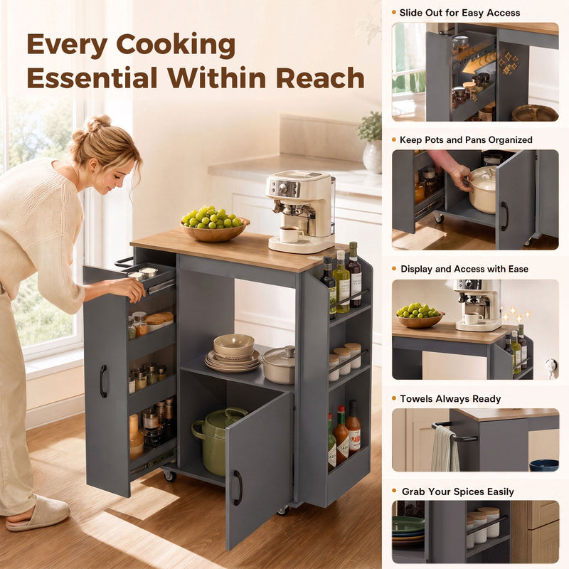 Feature panel showing the pull-out organiser, spice rack and towel bar on the grey trolley