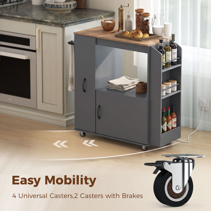 Feature panel showing the four swivel casters, two with brakes, on the grey trolley