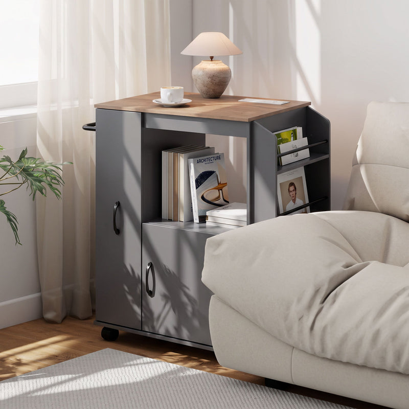 Grey kitchen trolley used as a living room side table next to a sofa