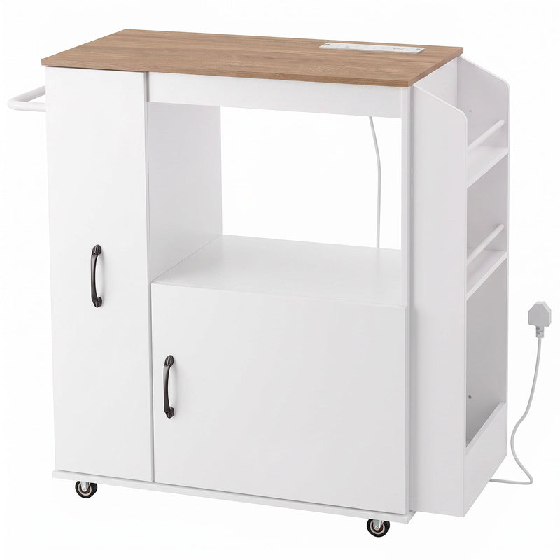 White Homcom kitchen trolley with closed cabinet doors and power socket, studio shot