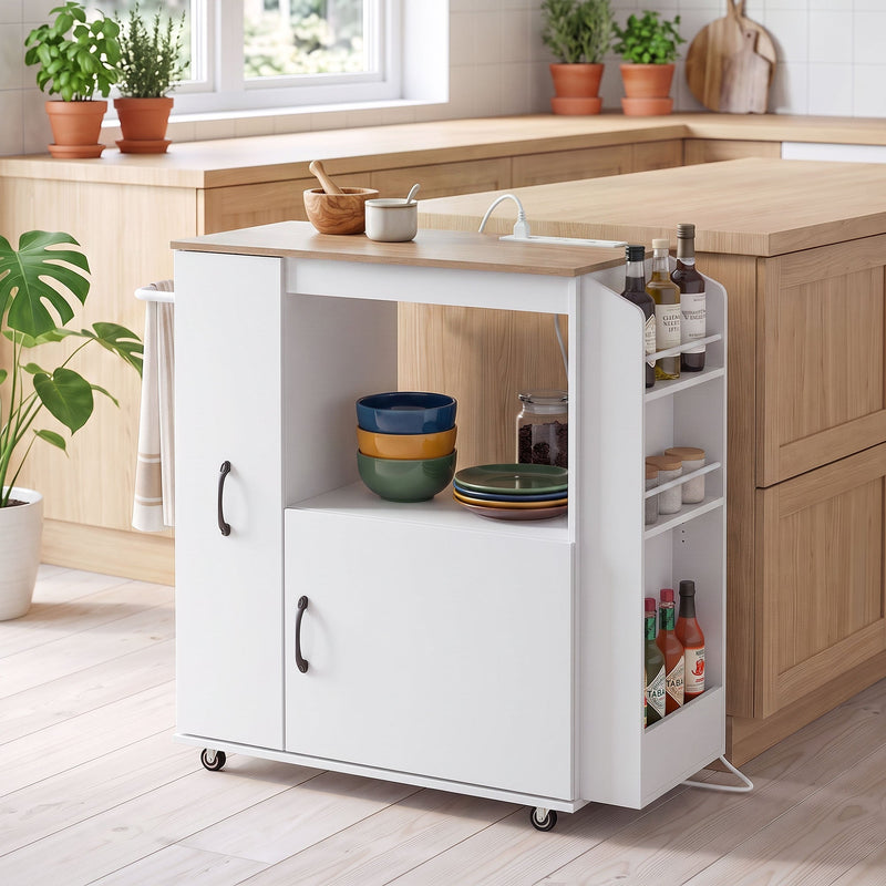 White kitchen trolley styled in a wooden kitchen with bowls and plates on the shelf