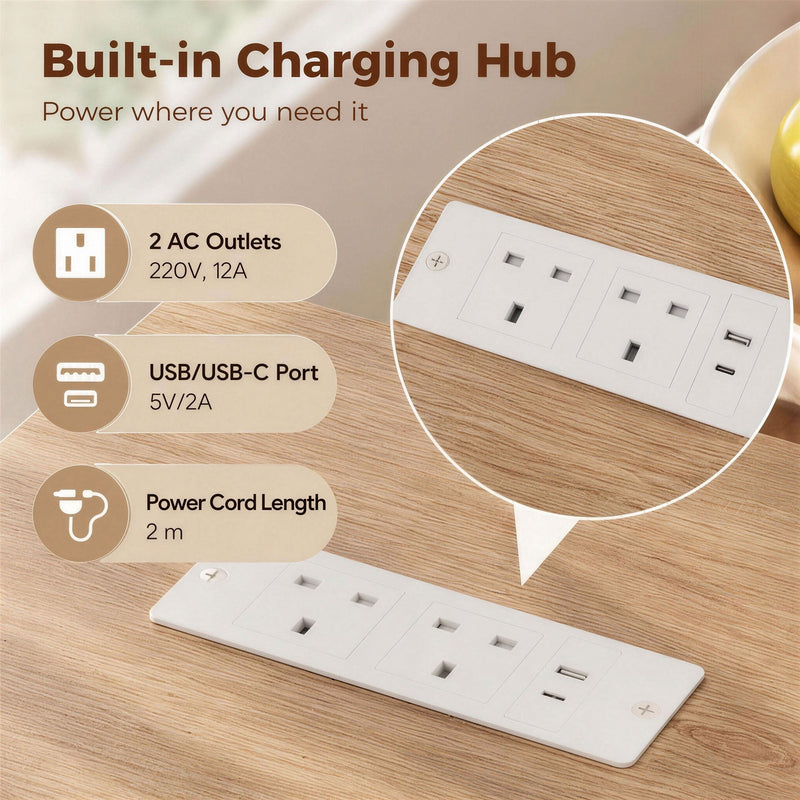 Close-up of the built-in charging hub with two AC outlets and a USB/USB-C port