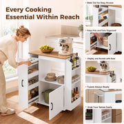 Feature panel showing the pull-out organiser, spice rack and towel bar in use