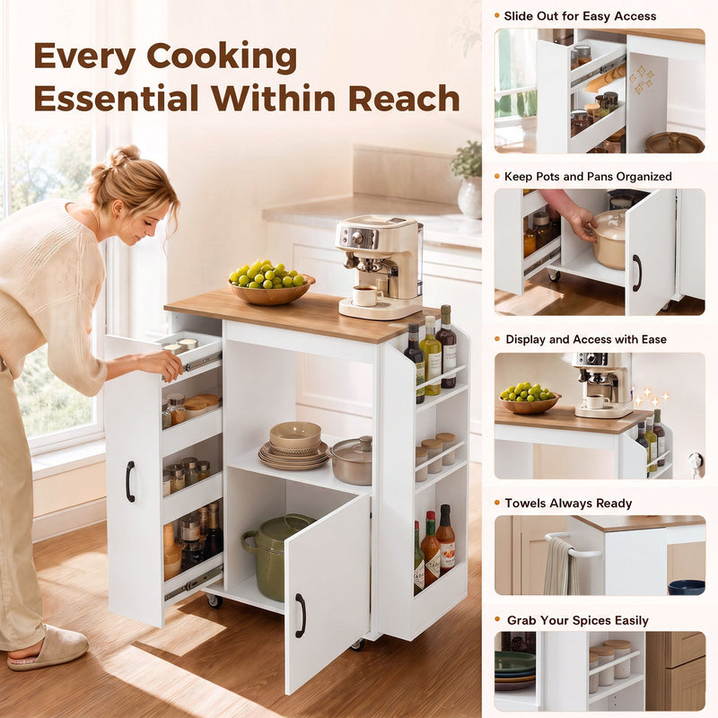 Feature panel showing the pull-out organiser, spice rack and towel bar in use