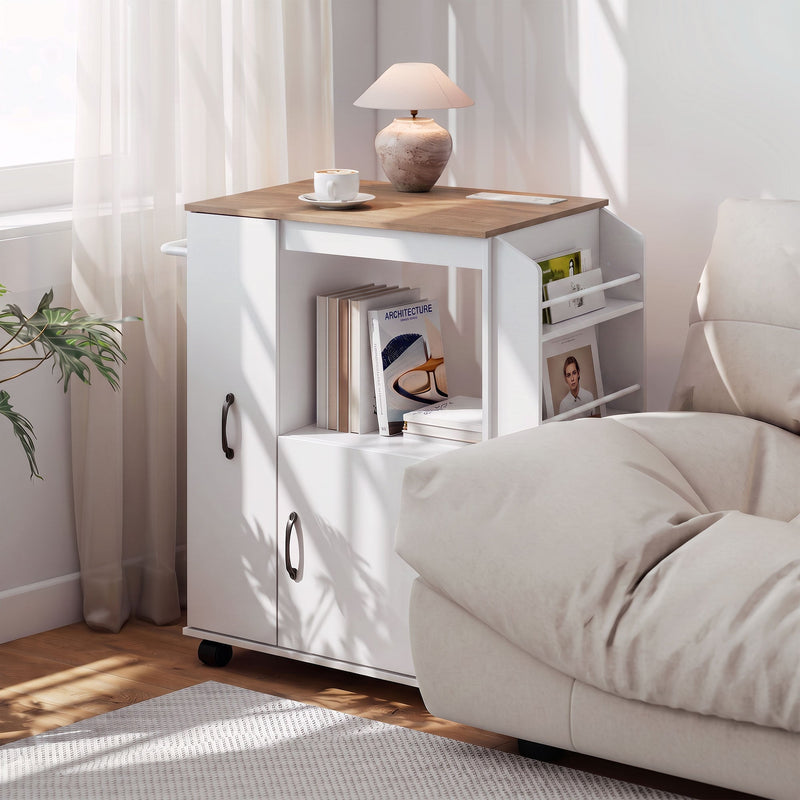 White kitchen trolley used as a living room side table next to a sofa