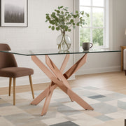 Rose gold rectangular dining table styled in a dining room setting