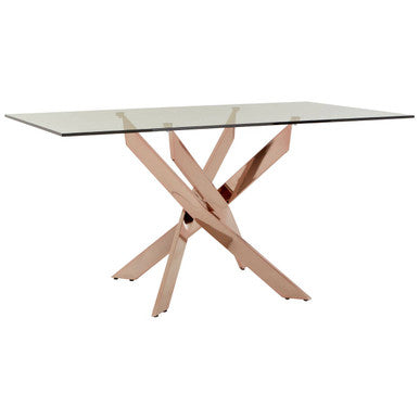 Rose gold rectangular dining table with glass top, studio shot