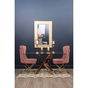 Rose gold rectangular dining table, studio front angle