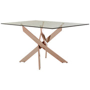 Rose gold rectangular dining table, studio overhead angle