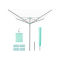 Silver 4-arm rotary washing line shown with its cover, ground anchor, clips and clip bag