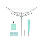 Silver 4-arm rotary washing line shown with its cover, ground anchor, clips and clip bag