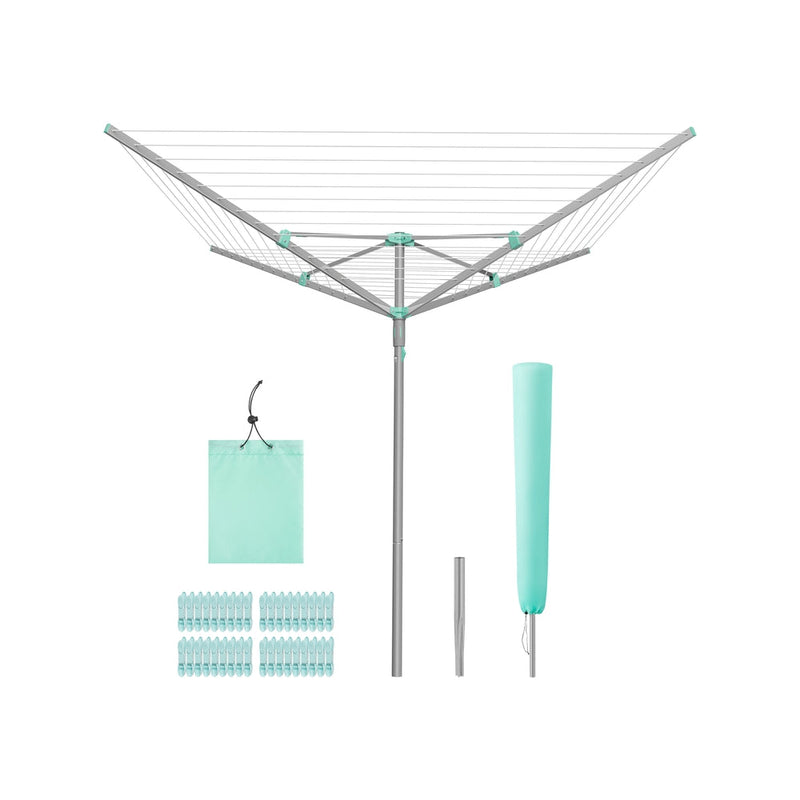 Silver 4-arm rotary washing line shown with its cover, ground anchor, clips and clip bag