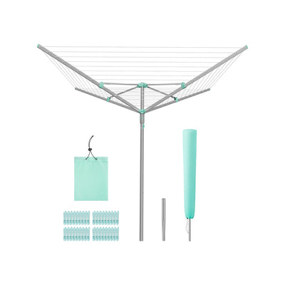 Silver 4-arm rotary washing line shown with its cover, ground anchor, clips and clip bag