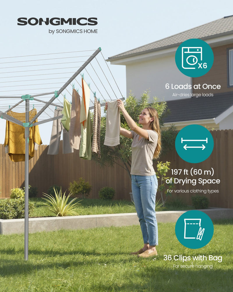 Woman hanging washing on the rotary line in a garden, with 60 m and 6-load callouts