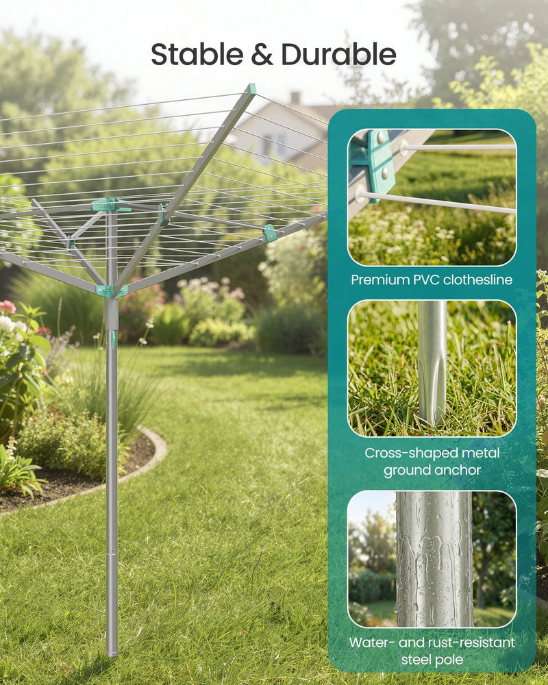 Close-ups of the PVC line, cross-shaped metal ground anchor and rust-resistant steel pole
