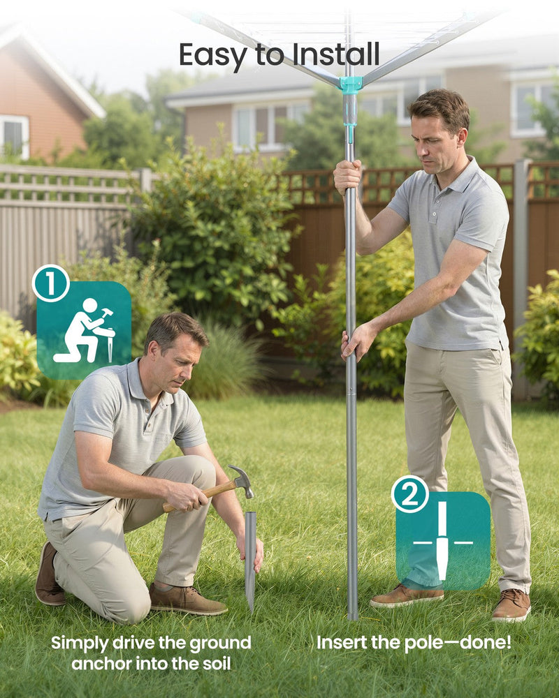 Two-step installation: hammering the ground anchor into soil, then dropping the pole in
