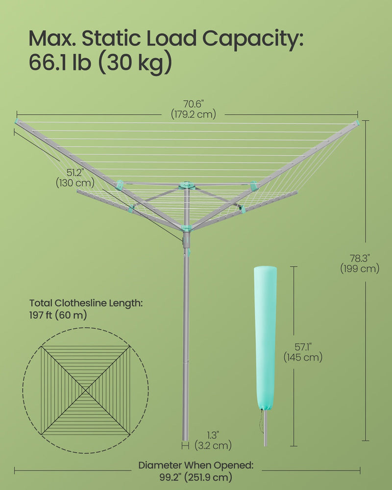 Dimension diagram: 179.2 cm span, 199 cm high, 251.9 cm opened diameter, 30 kg load