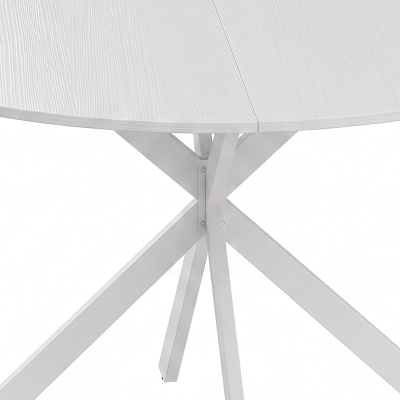 Close-up of the white wood-grain tabletop surface and leg joint