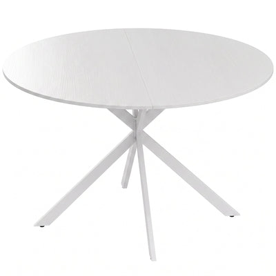 White round dining table with X-shaped white steel legs on a plain background