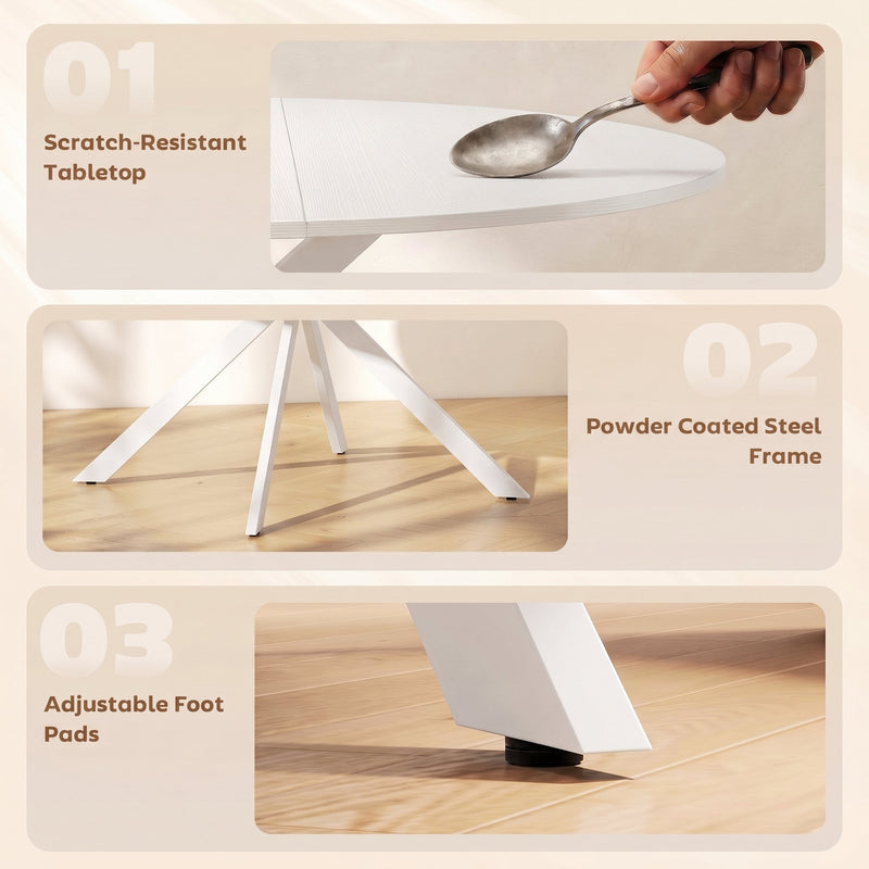 Feature panels showing the scratch-resistant tabletop, powder-coated steel frame and adjustable foot pads