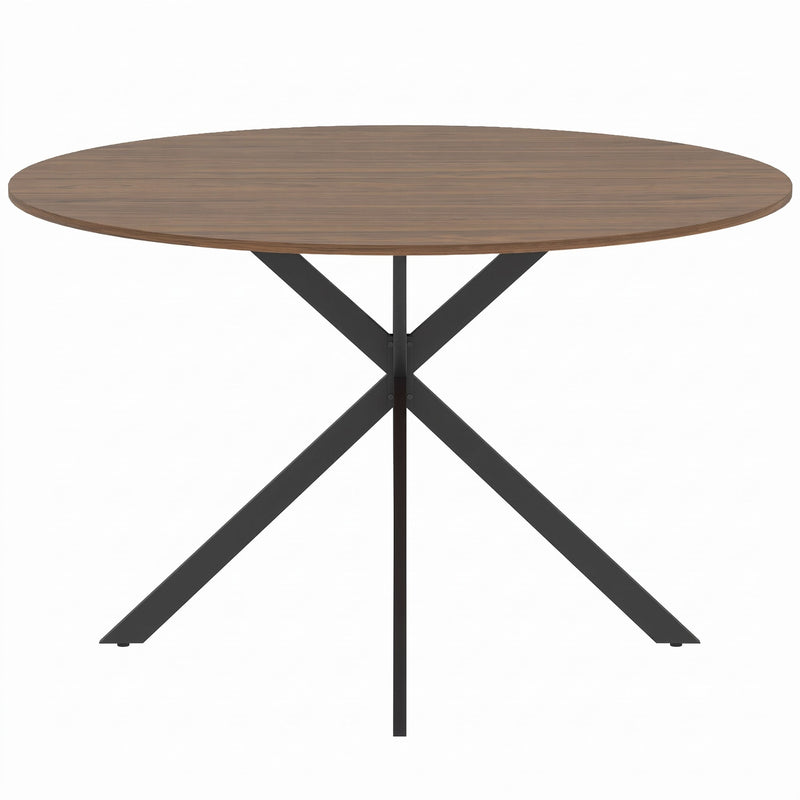 Round brown wood-effect dining table with black X-shaped steel legs on a white background