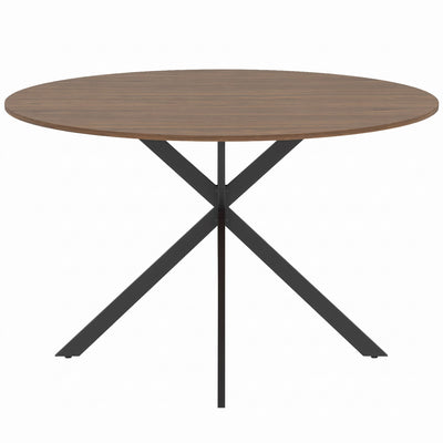 Round brown wood-effect dining table with black X-shaped steel legs on a white background