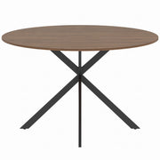Round dining table with X-shaped steel legs on a white background