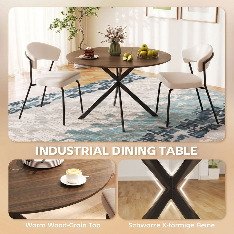 Round dining table with two chairs and insets of the wood-grain top and X-shaped legs
