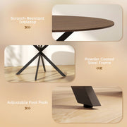 Feature panel showing the scratch-resistant tabletop, powder-coated steel frame and adjustable foot pads