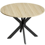 Round natural wood effect drop leaf dining table with black steel X-shaped legs on a white background