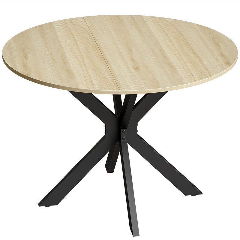 Round natural wood effect drop leaf dining table with black steel X-shaped legs on a white background