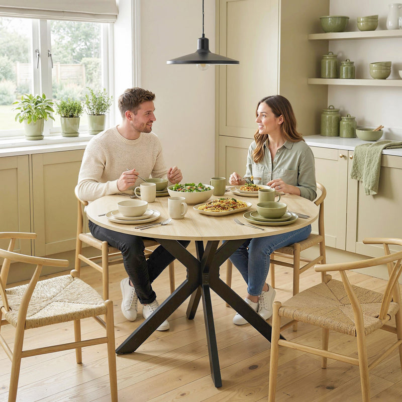 Man and woman eating at the round table in a cream kitchen with wooden chairs