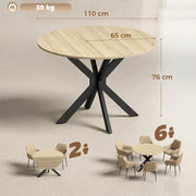 Dimensions diagram showing 110 cm round top, 65 cm folded width, 76 cm height and 30 kg capacity with seating for 2 and 6