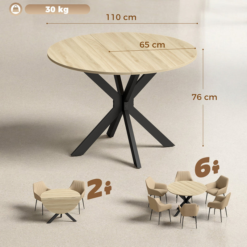 Dimensions diagram showing 110 cm round top, 65 cm folded width, 76 cm height and 30 kg capacity with seating for 2 and 6