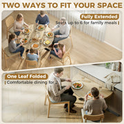 Two ways to fit your space panel showing the table fully extended for 6 and with one leaf folded for 2