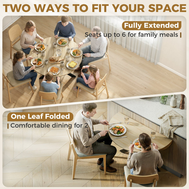 Two ways to fit your space panel showing the table fully extended for 6 and with one leaf folded for 2