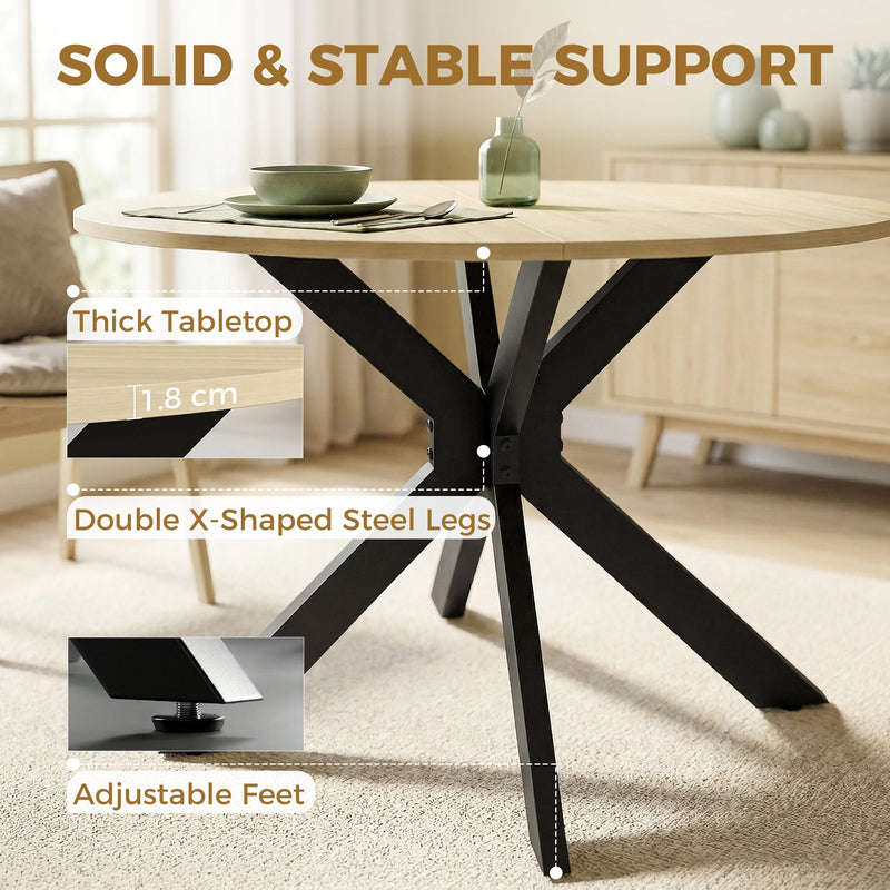 Table with callouts for the 1.8 cm thick tabletop, double X-shaped steel legs and adjustable feet
